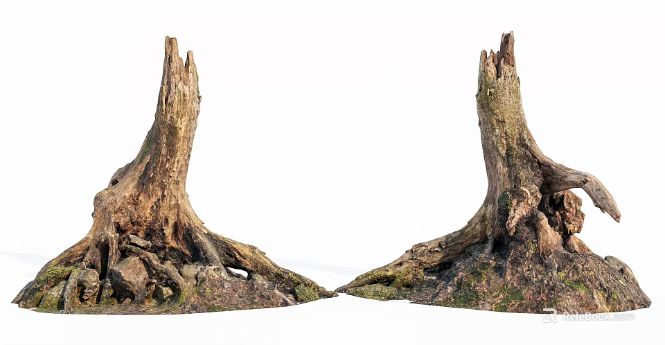 Weathered Wood Stumps With Stone Roots And Natural Soil Texture 3d model 