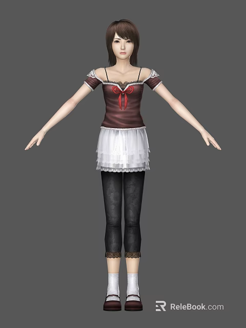 Woman Wearing Brown Top With Red Bow White Lace Skirt Black Leggings And Brown Boots 3d model 