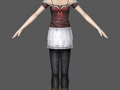 Woman Wearing Brown Top With Red Bow White Lace Skirt Black Leggings And Brown Boots 3d model