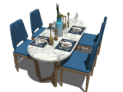Elegant Dining Set Marble Oval Table Blue Upholstered Wooden Leg Chairs With Decorative Vases Tableware 3d model