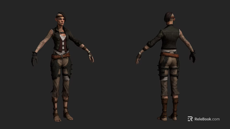 Game Movie Character 3D Model Front and Back Views with Vest Belt and Layered Pants 3d model 
