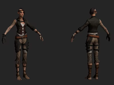 Game Movie Character 3D Model Front and Back Views with Vest Belt and Layered Pants 3d model