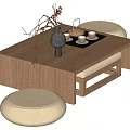 Minimalist Wooden Tea Table and Chairs with Teapot Cups Vase Red Berry Branches