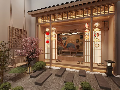 Traditional Japanese Private Room Interior With Wooden Lanterns Cherry Blossom And Tatami 3d model