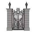 Ornate Wrought Iron Gate Design With White Pillars And Tall Lamp Posts