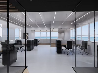 Modern Public Office Space With Glass Partitions Desks Office Chairs And Ocean View 3d model