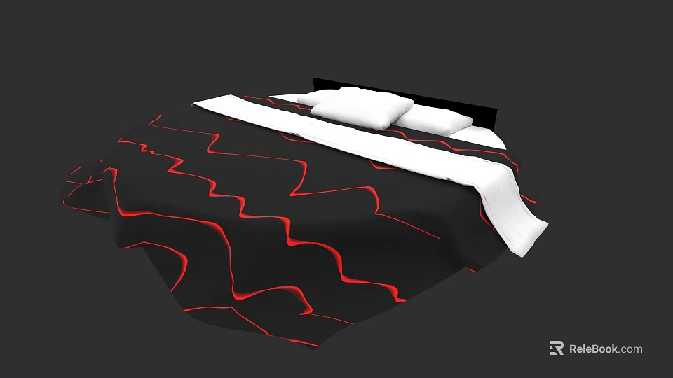 Round Bed with Black Bedspread Red Wavy Patterns White Pillows and Blanket 3d model