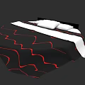 Round Bed with Black Bedspread Red Wavy Patterns White Pillows and Blanket 3d model