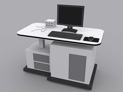 Modern Office Desk With Computer Monitor Keyboard Mouse Small White Device And Storage Cabinet Drawer 3d model