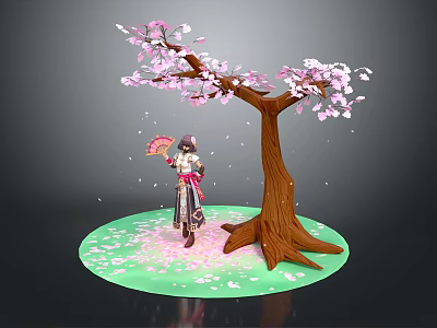 Game Movie Character in Traditional Outfit Holding Fan Under Cherry Blossom Tree With Falling Petals 3d model