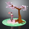 Game Movie Character in Traditional Outfit Holding Fan Under Cherry Blossom Tree With Falling Petals