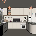 Modern Kitchen Interior With Light Colored Cabinets Built-in Appliances Hanging Utensils And Under Cabinet Lighting