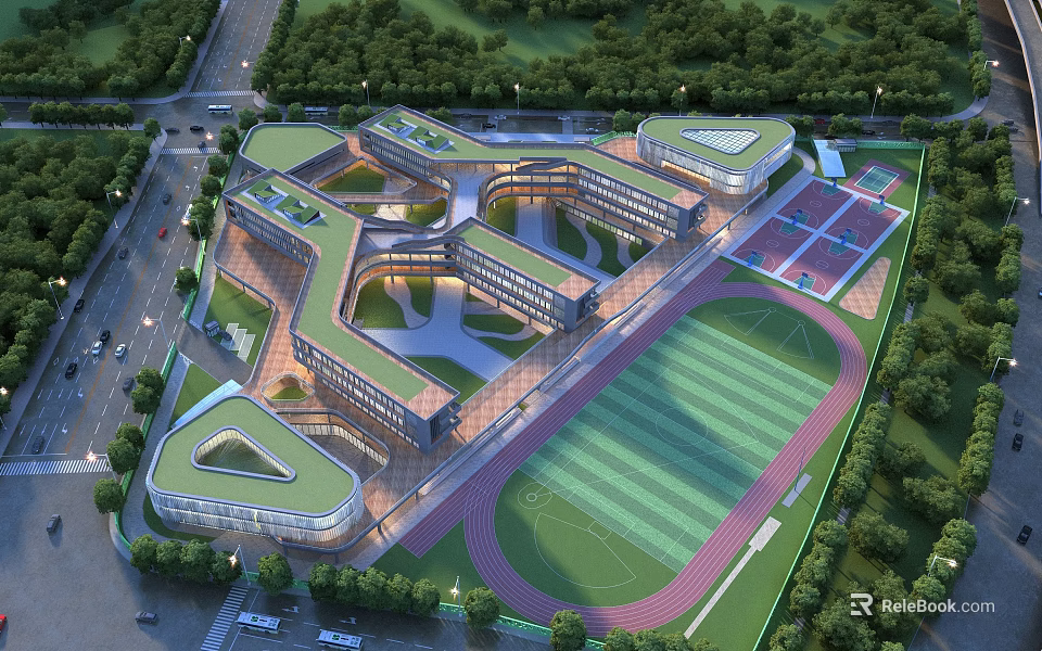 Modern School Building with Green Roofs Track and Field Sports Courts and Surrounding Trees 3d model 