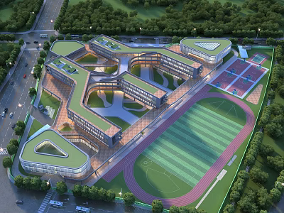 Modern School Building with Green Roofs Track and Field Sports Courts and Surrounding Trees 3d model