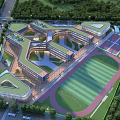 Modern School Building with Green Roofs Track and Field Sports Courts and Surrounding Trees