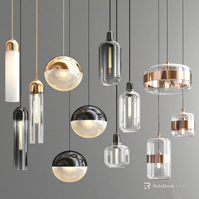 Modern Pendant Lights With Various Designs Different Shapes And Metal Glass Elements 3d model 