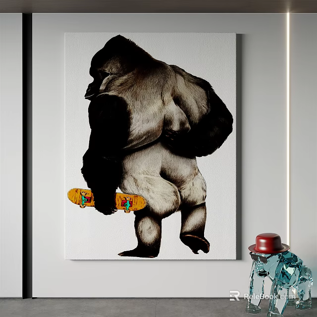 Gorilla Animal Painting with Yellow Skateboard and Colorful Wheels on White Canvas 3d model 