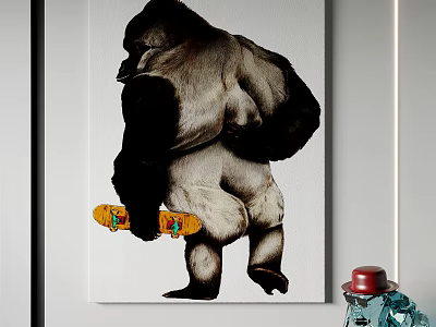 Gorilla Animal Painting with Yellow Skateboard and Colorful Wheels on White Canvas 3d model