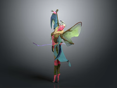 Detailed Mythical Fairy Character With Colorful Wings Bird Companion And Floral Headpiece 3d model