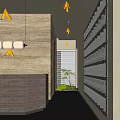 Modern Hotel Lobby Interior With Wooden Reception Desk Pendant Lights Shelves And Green Plants