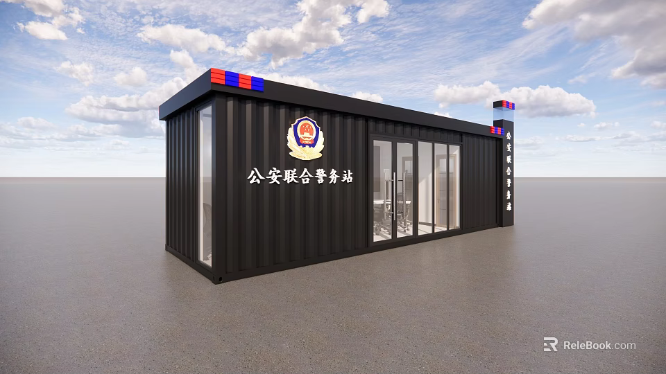 Black Container Building For Public Security Joint Police Station With Police Lights 3d model 