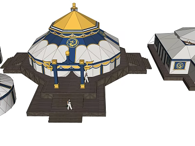 Traditional Yurt Tent With Golden Top Blue Decorations Smaller Tents And Wooden Platform Design 3d model