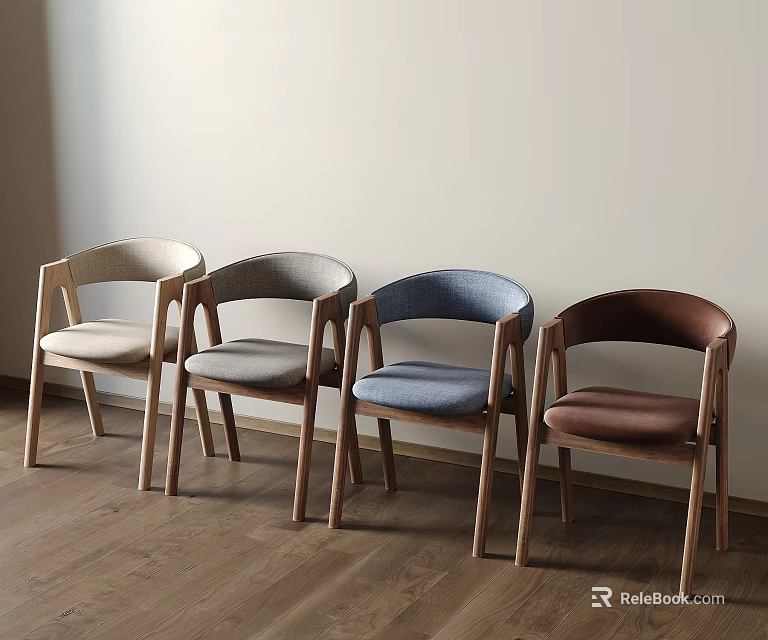 Modern Dining Chairs With Beige Gray Blue Brown Upholstery And Wooden Frame On Wooden Floor 3d model 