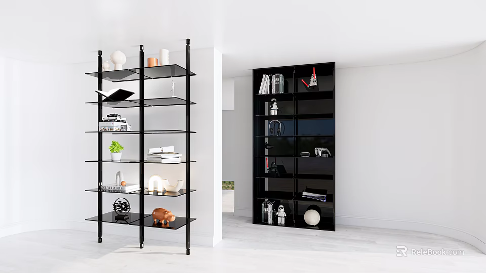 Modern Bookcases Featuring Glass Shelves Metal Frame And Closed Cabinet With Books Decorative Items 3d model 