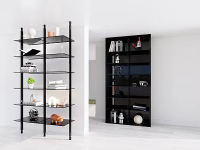 Modern Bookcases Featuring Glass Shelves Metal Frame And Closed Cabinet With Books Decorative Items 3d model
