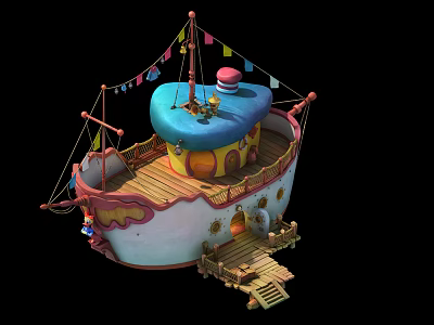 Cartoon Scene Colorful Ship with Blue Top Banners Wooden Deck and Plank Access 3d model