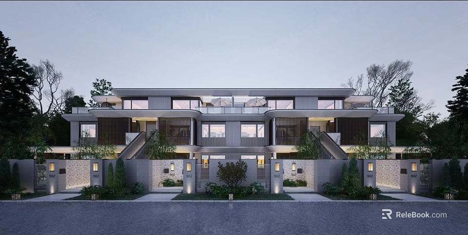 Modern Townhouse Exterior Design With Balconies Lush Greenery And Outdoor Lighting 3d model 