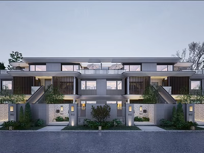 Modern Townhouse Exterior Design With Balconies Lush Greenery And Outdoor Lighting 3d model