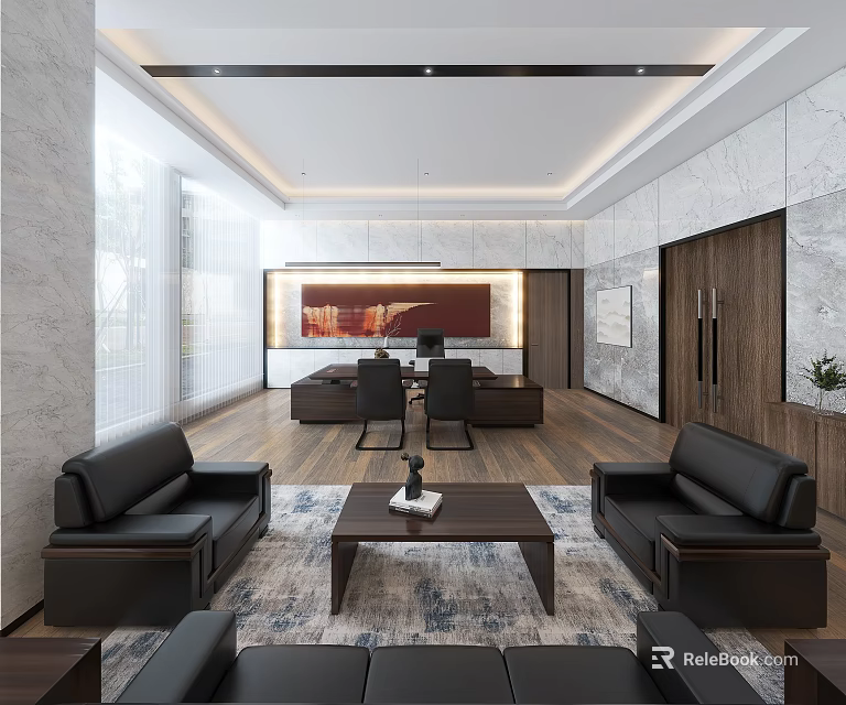 Modern Office Interior With Black Sofas Wooden Coffee Table And Marble Walls 3d model