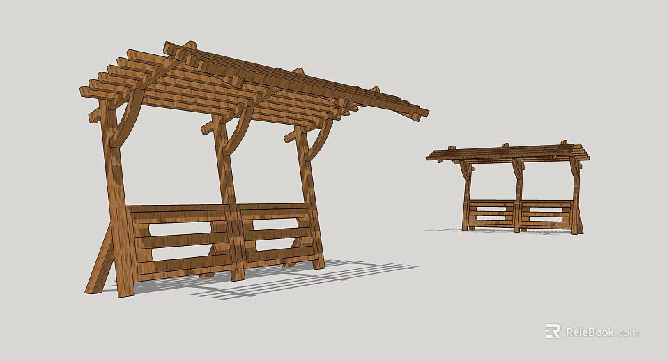 Two Wooden Pergolas With Traditional Structure Supporting Posts And Cross Beams 3d model 