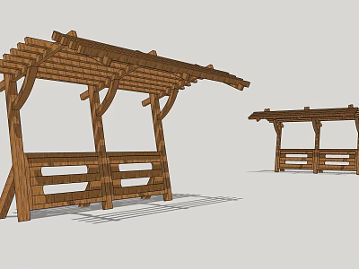 Two Wooden Pergolas With Traditional Structure Supporting Posts And Cross Beams 3d model