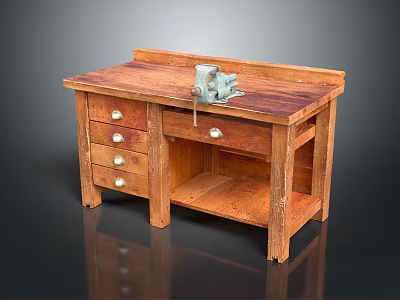 Traditional Solid Wooden Workbench With Drawers And Metal Bench Vise 3d model