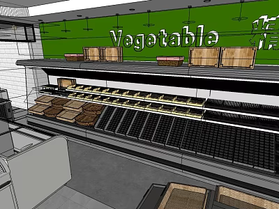 Fresh Vegetable Display Area With Green Signage Wooden Crates And Shelves 3d model