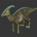 Realistic Parasaurolophus Dinosaur with Blue Crest and Brown Body on Dark Background