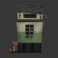 Cartoon Two Story House Scene With Dark Roof Beige Green Walls And Red Door Decor