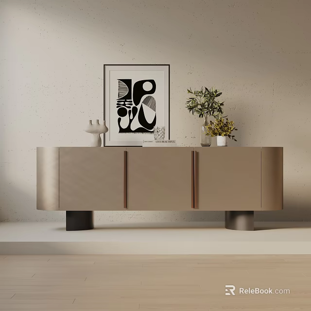 Modern Console Cabinet With Abstract Painting White Vases And Green Plant 3d model 