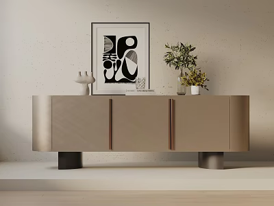 Modern Console Cabinet With Abstract Painting White Vases And Green Plant 3d model