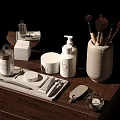 Modern Bathroom Set With Storage Tray Mirror Cosmetic Brushes And Wooden Countertop