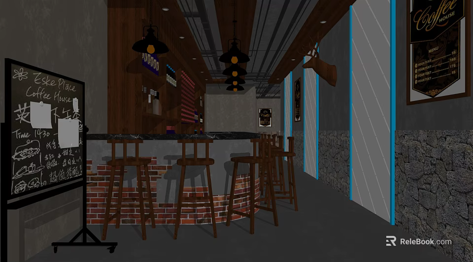 Stylish Bar Interior With Brick Wall Wooden Counter Bar Stools And Ceiling Lights 3d model 