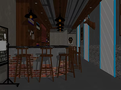 Stylish Bar Interior With Brick Wall Wooden Counter Bar Stools And Ceiling Lights 3d model