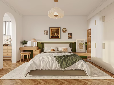 Elegant Bedroom Interior With Arched Doorway White Walls Green Headboard Chandelier And Wooden Floor Rug 3d model