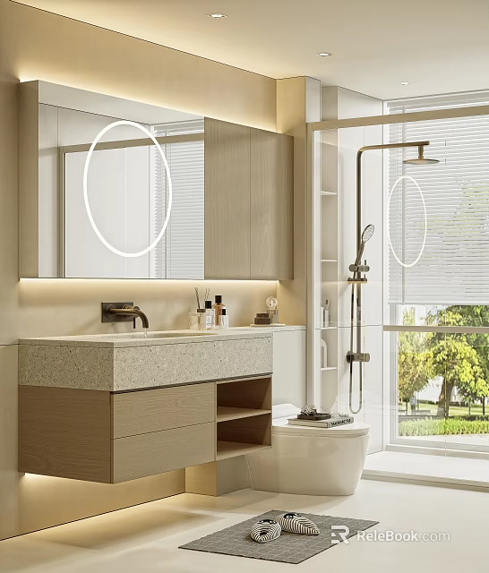 Modern Bathroom Interior Design With Wooden Vanity Round Mirror Shower And Green Plants 3d model 