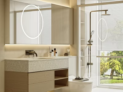 Modern Bathroom Interior Design With Wooden Vanity Round Mirror Shower And Green Plants 3d model