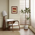 Modern Accent Chair With Wooden Frame White Cushion And Floor Lamp Near Window Blinds