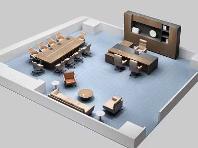 Wooden Office Desk With Chairs Sofa Coffee Table And Bookshelf In Modern Workspace 3d model