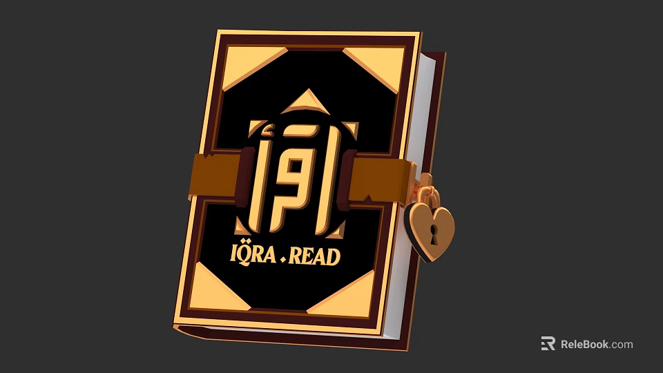 Elegant Book Magazine With Black Cover Golden Decoration And Lock Key 3d model 